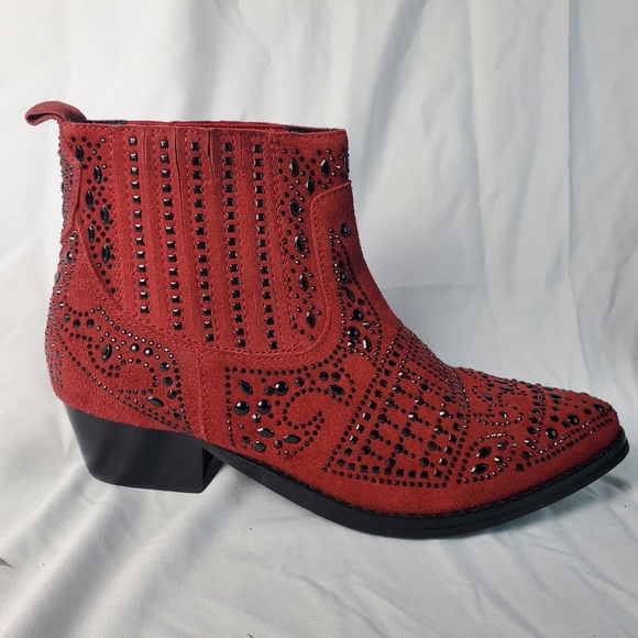 Bibi Lou Red Suede Rhinestone Western Ankle Boots in EU Size 38, US 7.5. - Picture 10 of 13